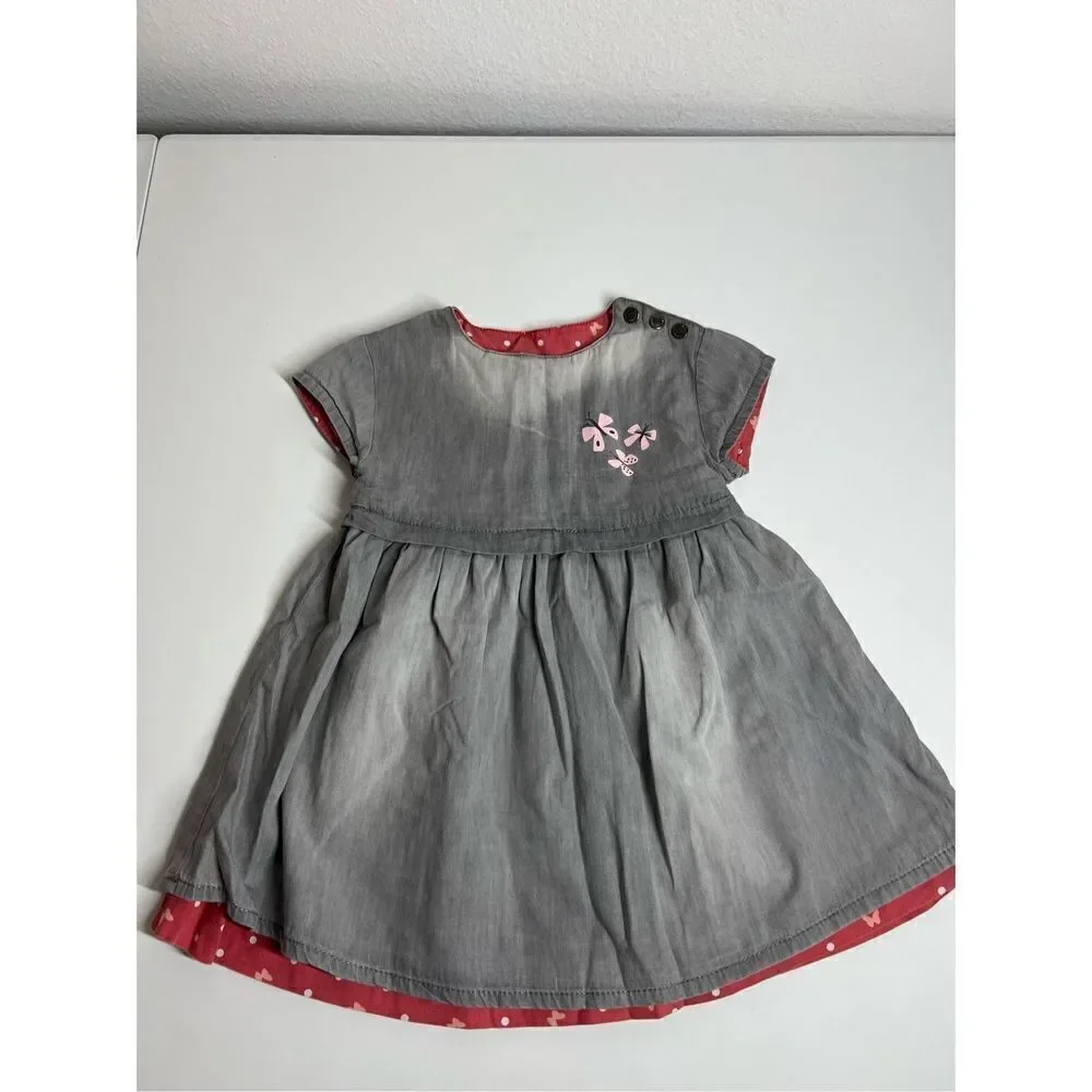 Vertbaudet Two-sided Cotton Girls Dress Gray Pink Size 4 years Made in France